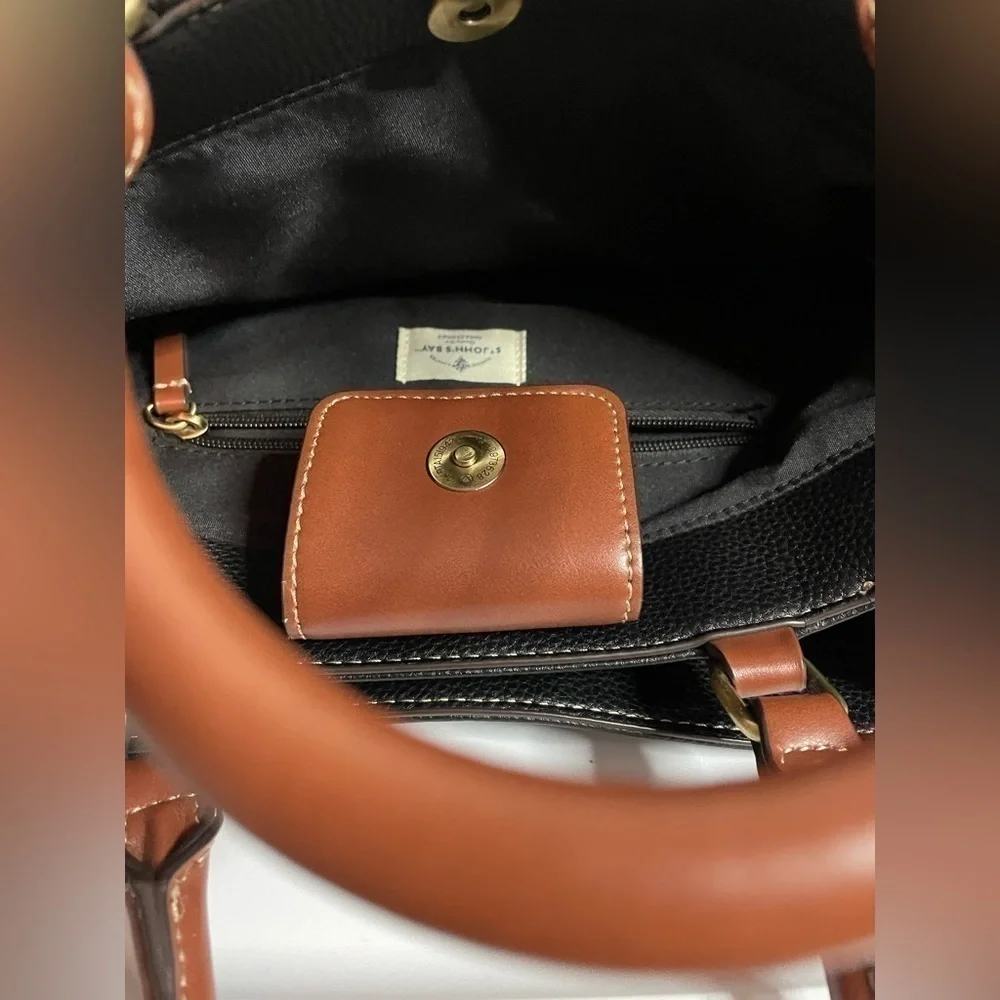 St. Johns Bay Brenna Black and British Tan Pebble women’s Satchel purse bag